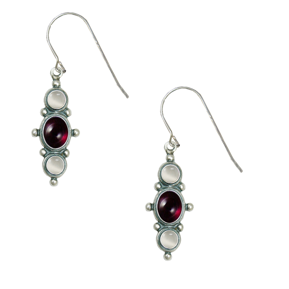 Sterling Silver Drop Dangle Earrings With Garnet And White Moonstone